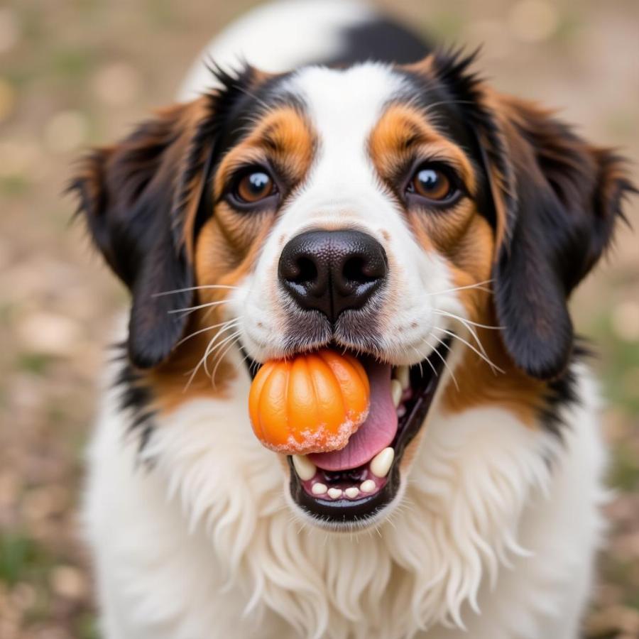 A dog enjoying a frozen pumpkin treat