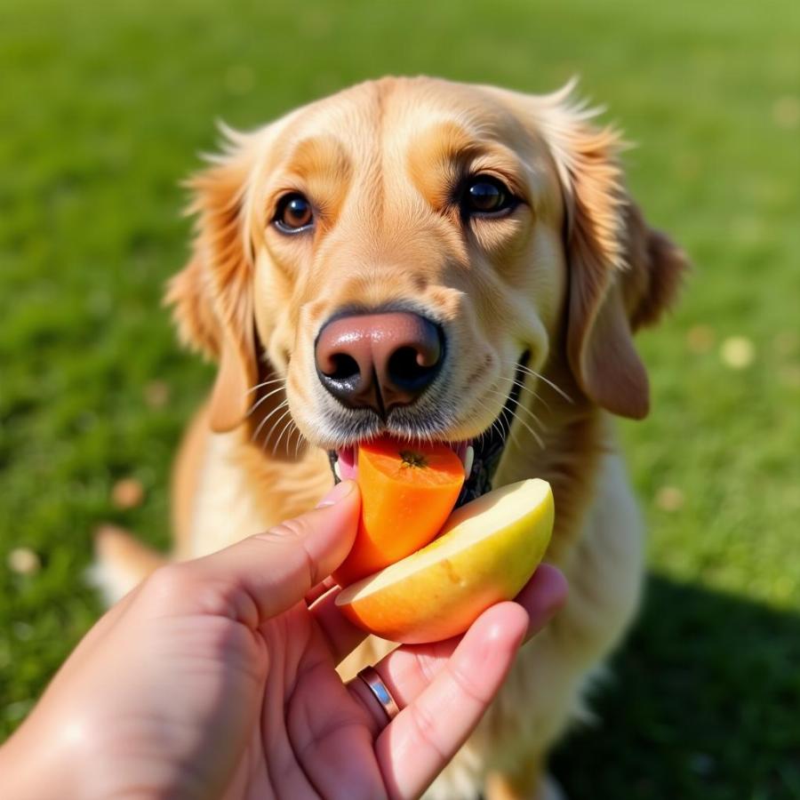 Dog enjoying healthy treats like carrots and apples