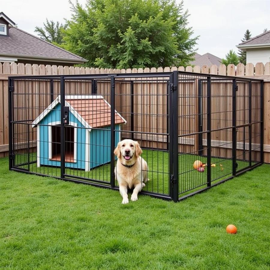 Dog happily playing in a spacious outdoor kennel and run.