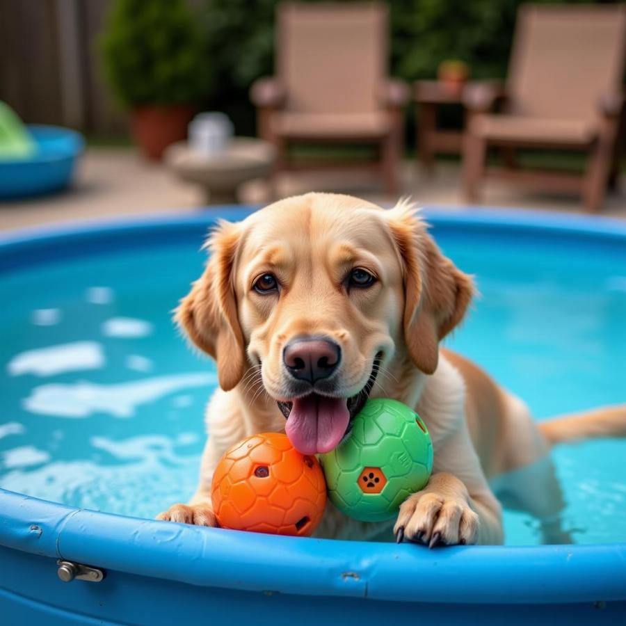 A Happy Dog Enjoying Their Pool with Toys