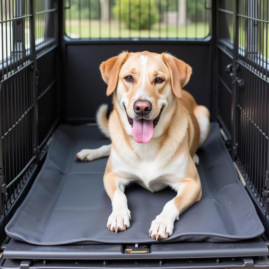 Dog Enjoying Rubber Mat in Crate