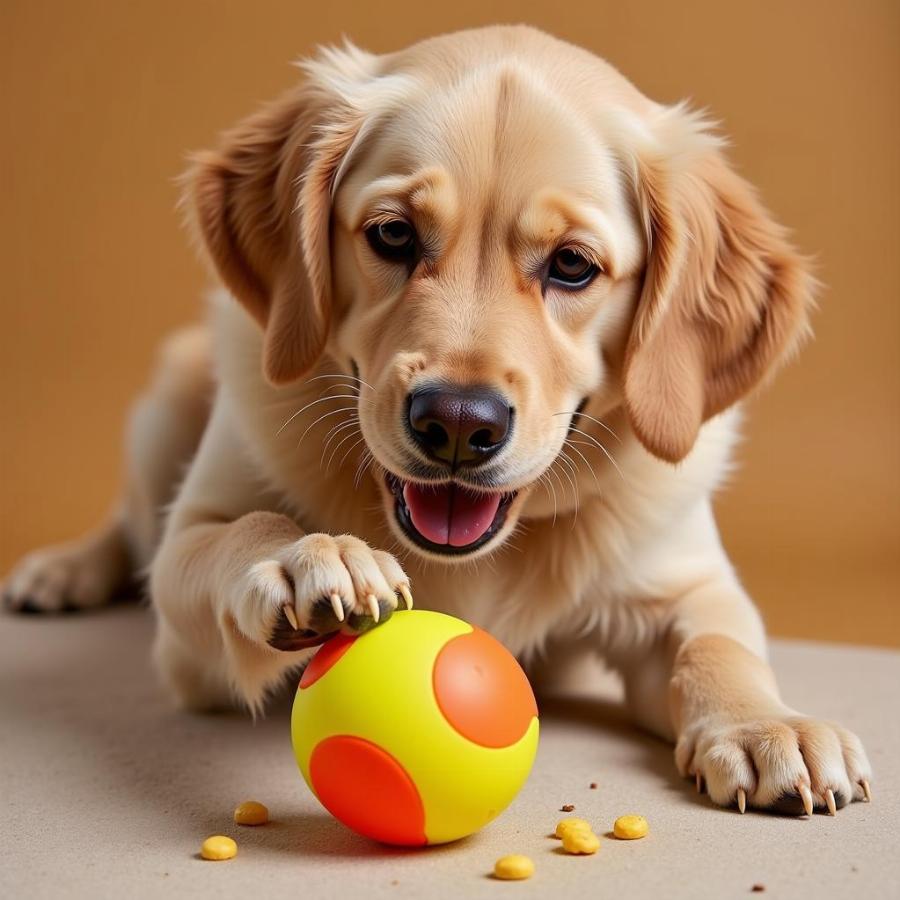 Dog happily playing with a treat dispenser toy