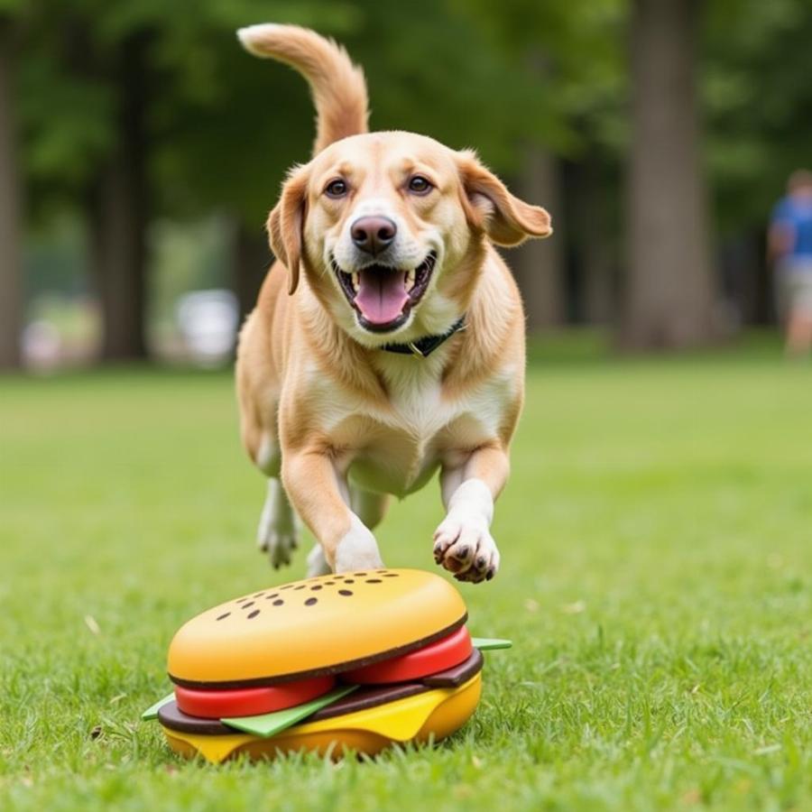 Dog Fetching a Burger-Shaped Toy