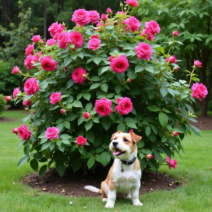 Dog-friendly climbing roses in a garden