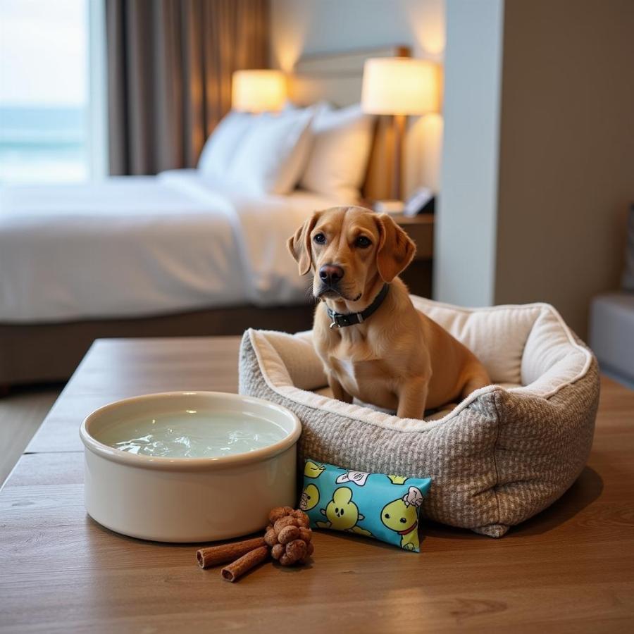 Dog-friendly amenities at an Oregon Coast hotel: water bowl, dog bed, and treats.