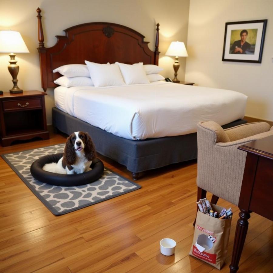 Dog-friendly hotel room in Albany, NY with a comfy dog bed and water bowl