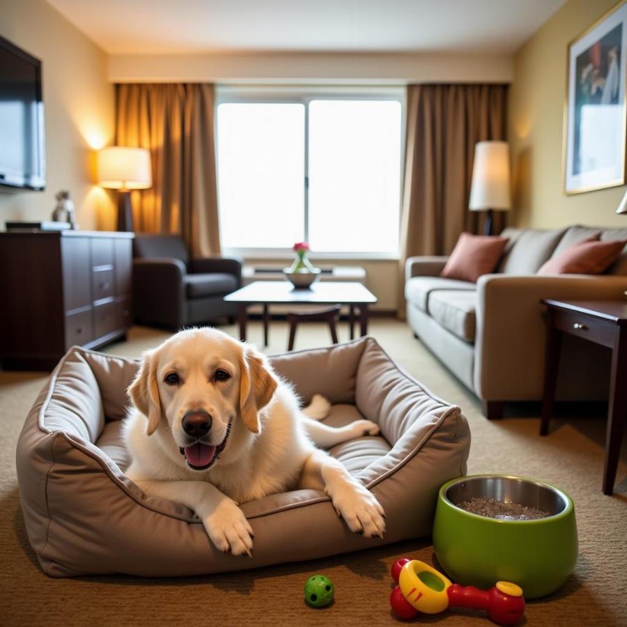 Dog-friendly hotel room in Medford with dog bed and water bowl.