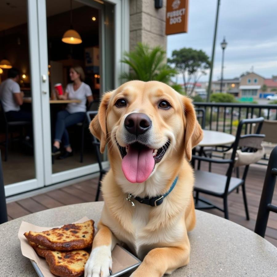 Dog enjoying a treat at a dog-friendly patio in Newport.