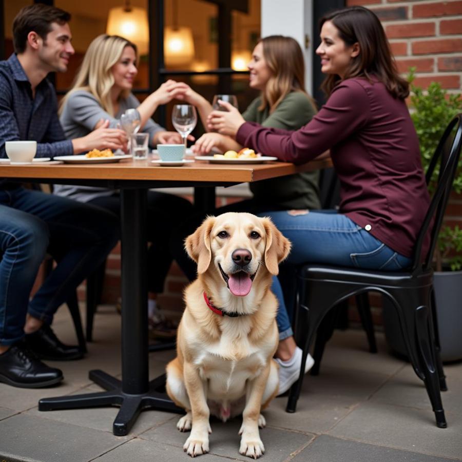 Dog relaxing on a patio at a dog-friendly restaurant in Old Orchard Beach.