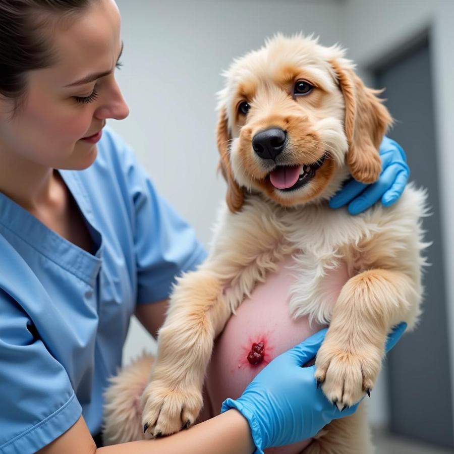 Veterinarian examining a dog's genitals for bleeding