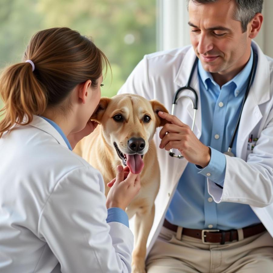 Dog getting ears checked by veterinarian