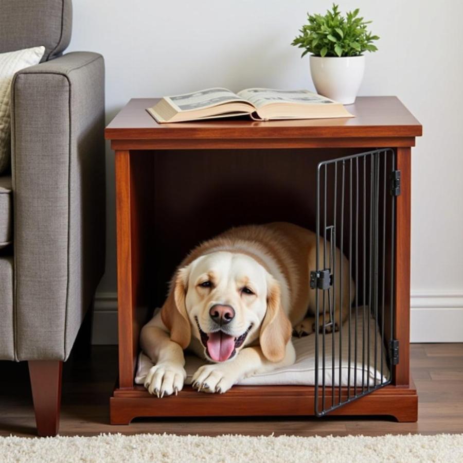 Dog Happily Resting in Crate Under Side Table