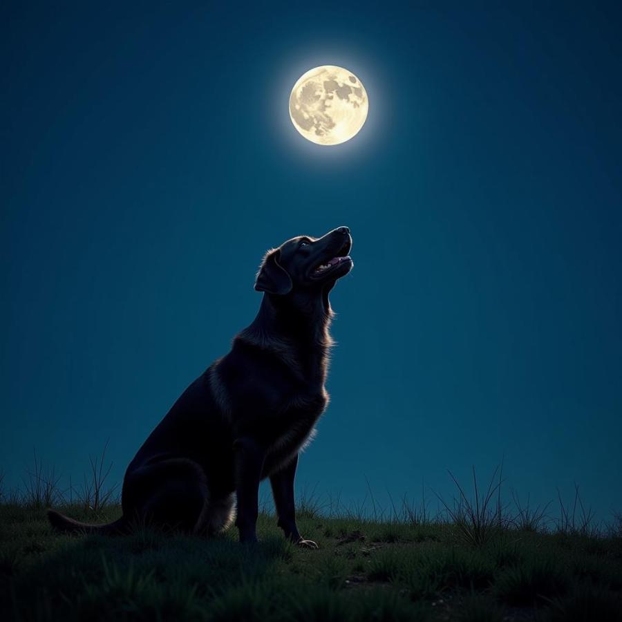 A dog howling at the moon in the night sky