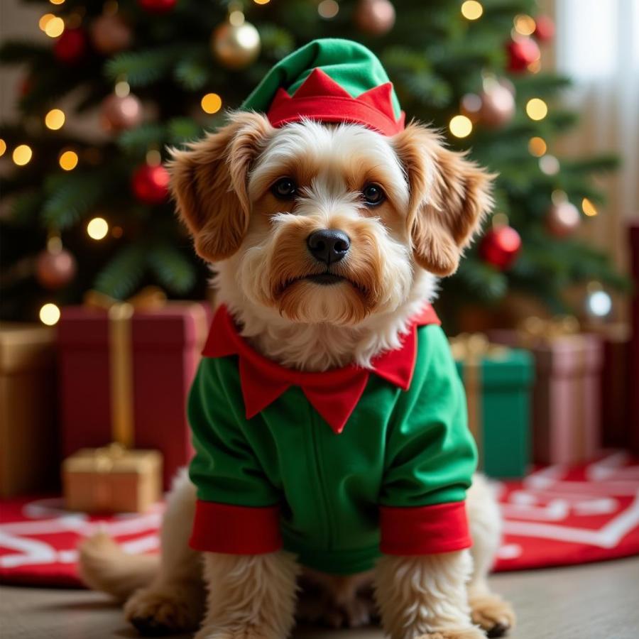 Dog in Christmas elf costume posing for photo