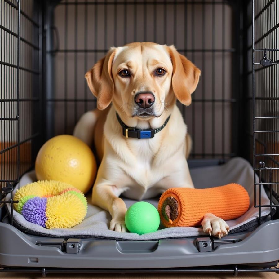 Dog Safely in Crate with Toys