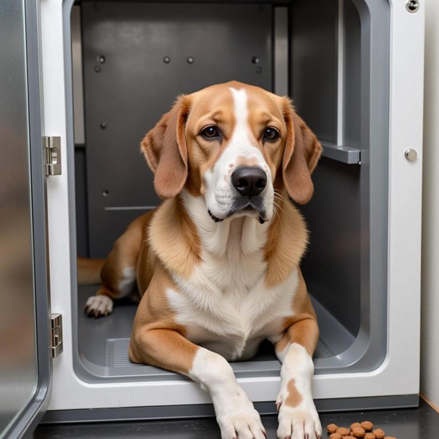 Dog Comfortably Drying in Cage with Treats