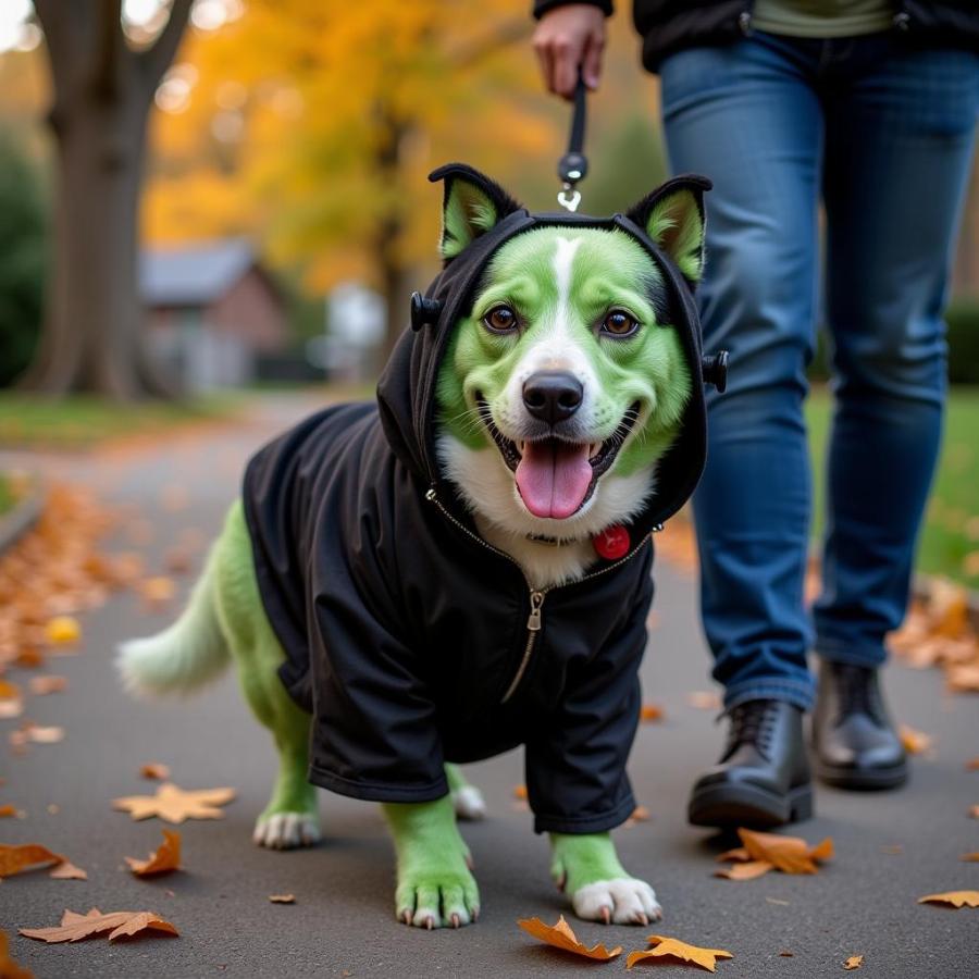 Happy Dog in Frankenstein Costume Trick-or-Treating