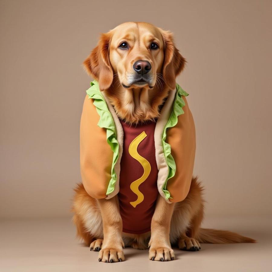 A dog happily wearing a halloween costume hot dog