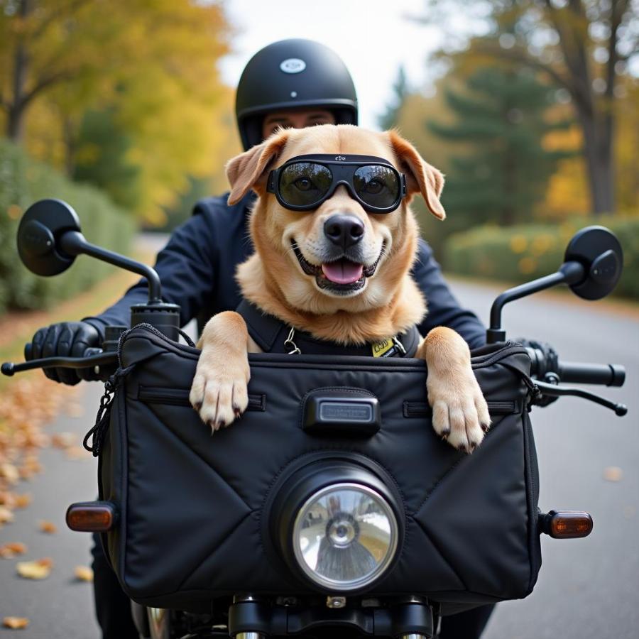 Dog in Motorcycle Carrier with Safety Gear