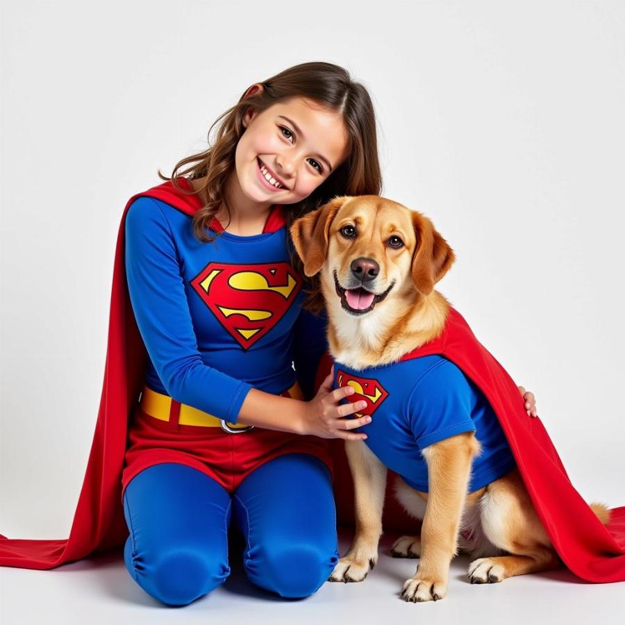 Owner and dog in matching Superman costumes