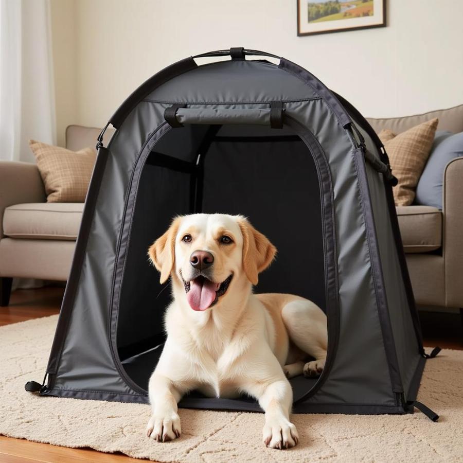 Dog Relaxing Inside a Pop Up Kennel