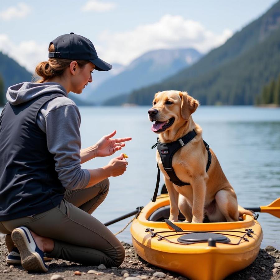 Dog learning kayak commands on shore