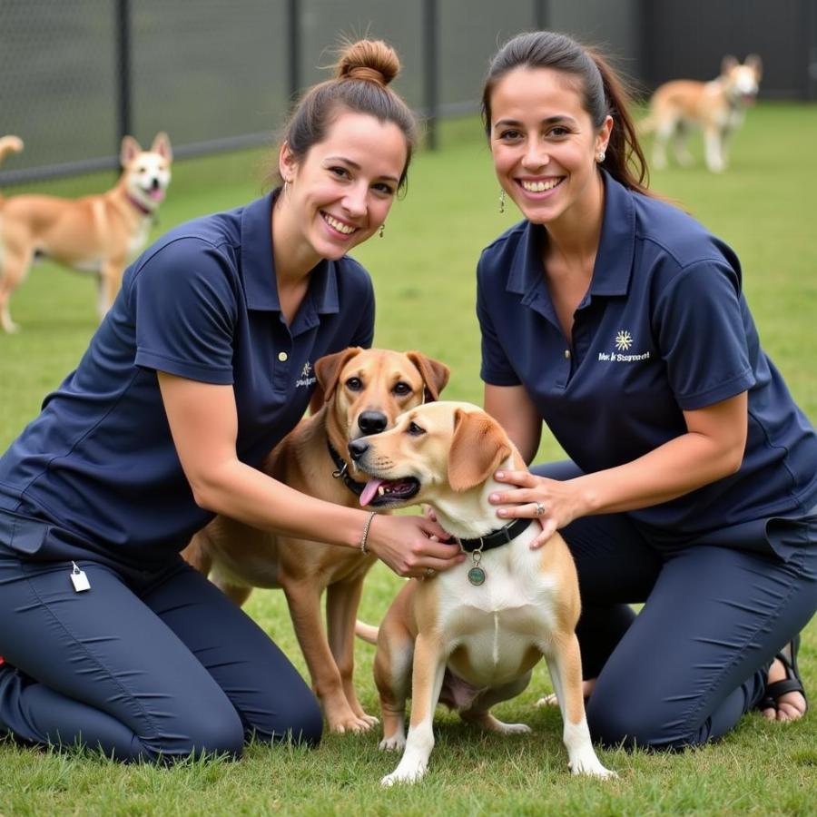 Dog Kennel Staff Interacting with Dogs