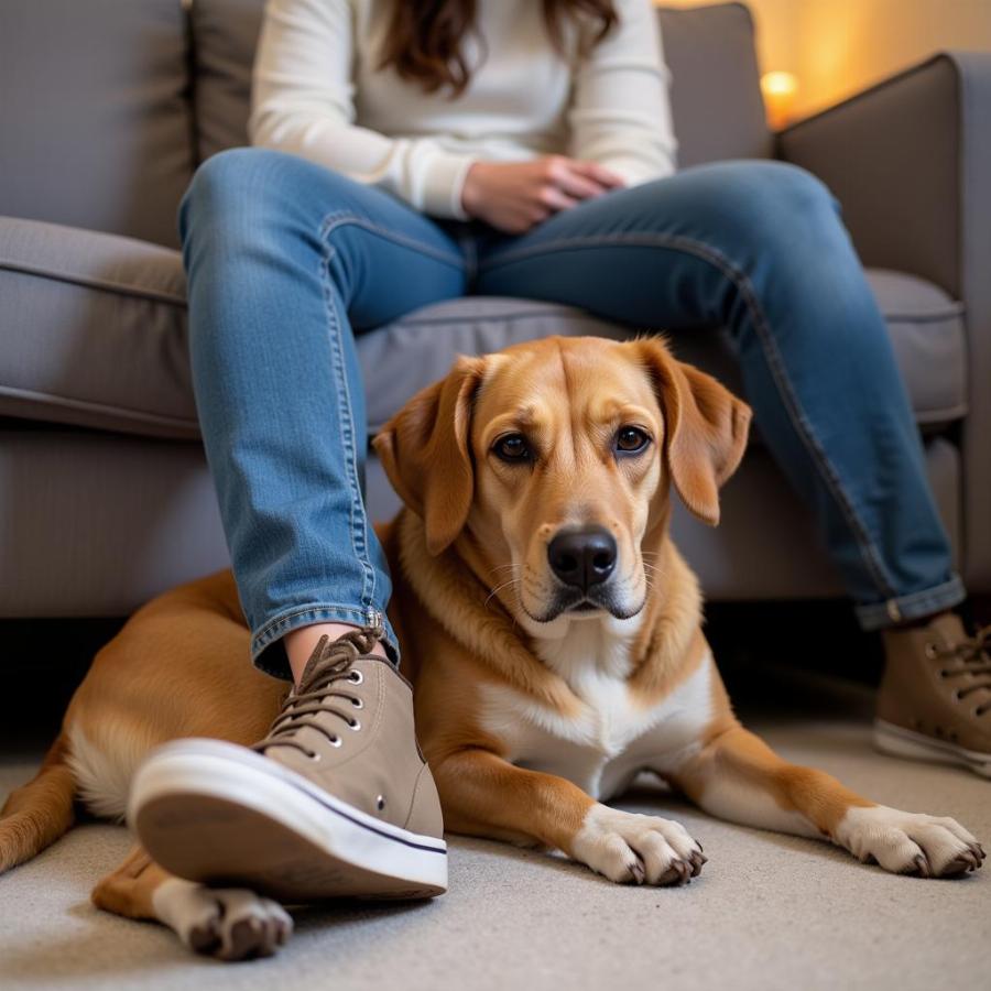 Dog Laying at Owner's Feet Showing Affection and Security