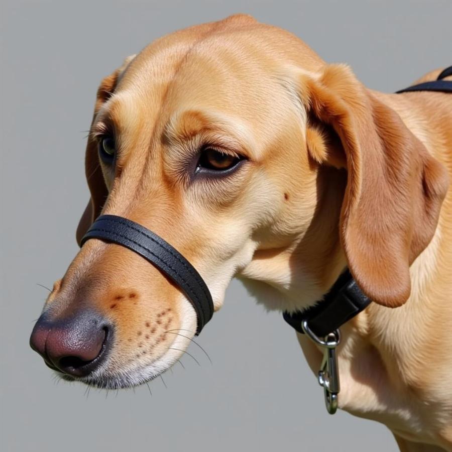 Close up of a dog wearing a lead nose