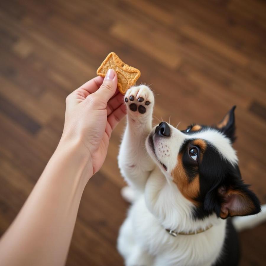 Dog learning to high five with a treat