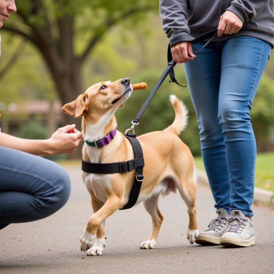 Dog leash training with harness and treats