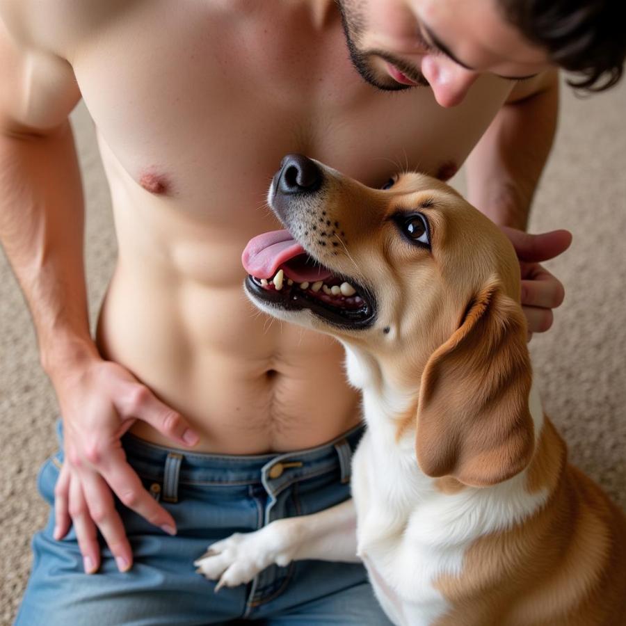 Dog licking man's groin: Scent communication