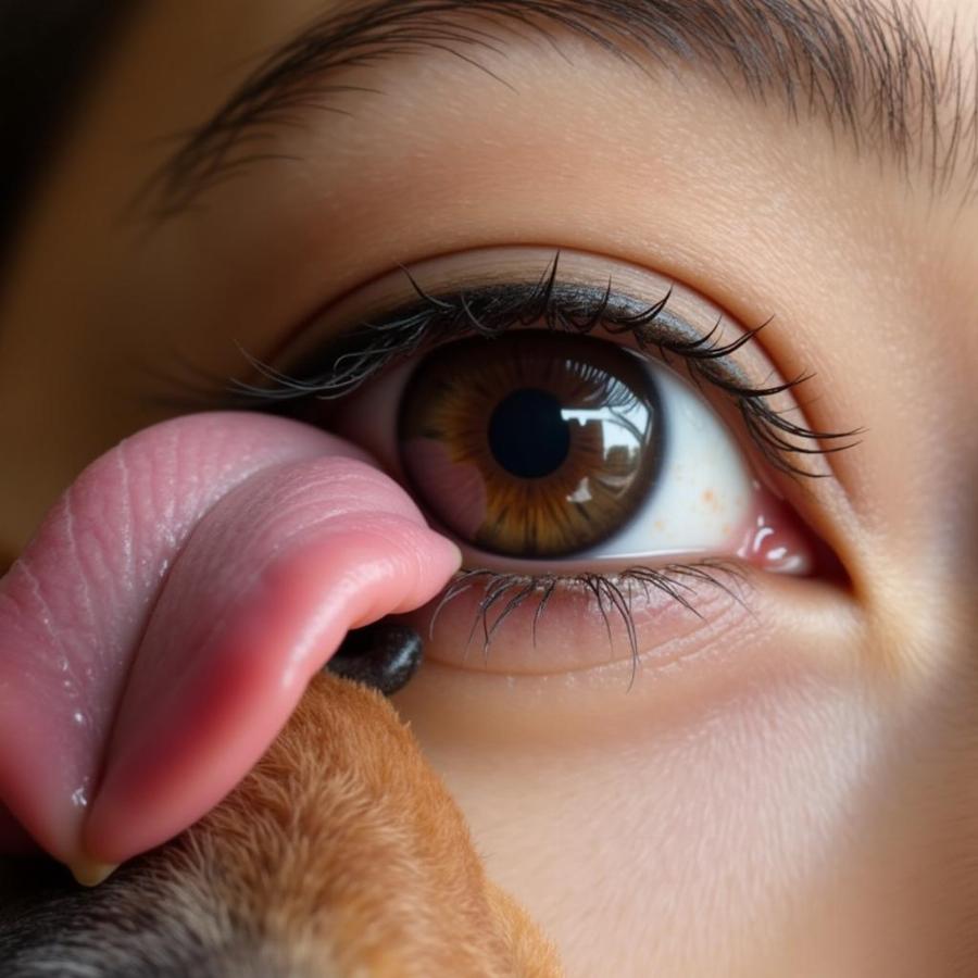 Dog licking owner's eyes, close-up