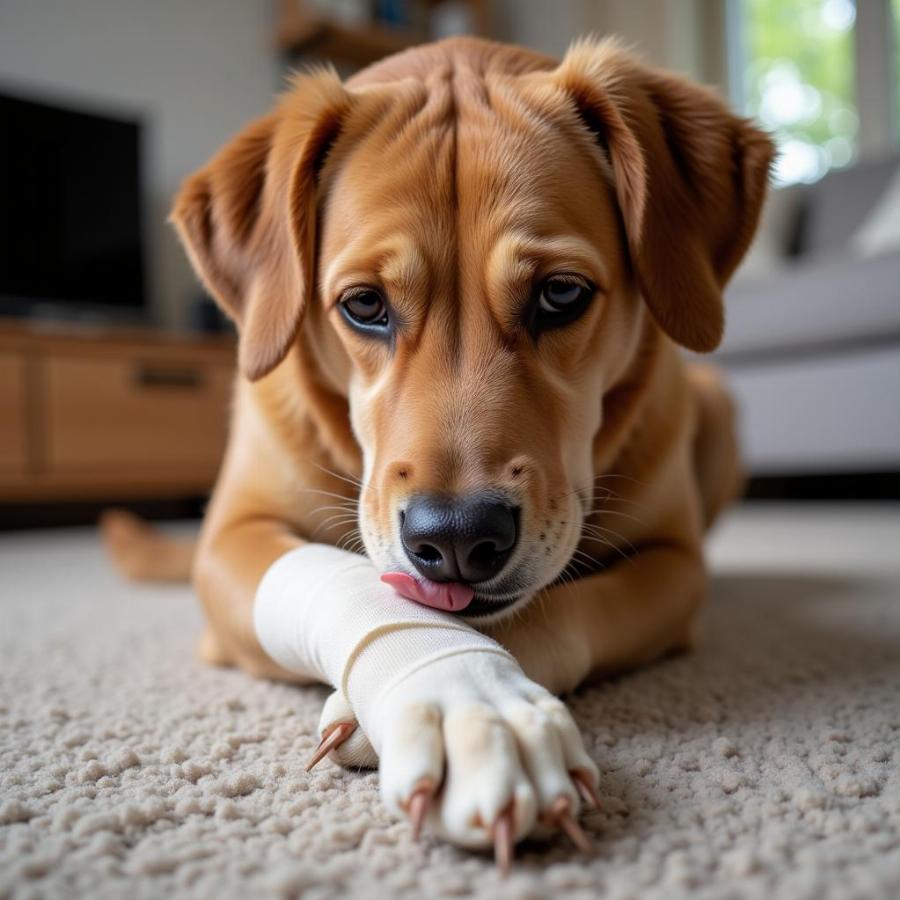 Dog licking paw with bandage