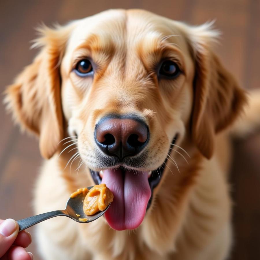 Dog Licking Peanut Butter from a Spoon