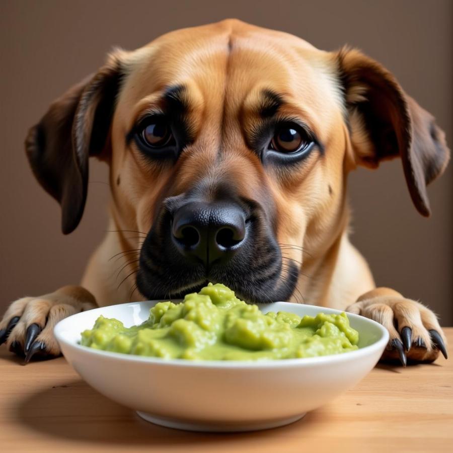 Dog looking longingly at a bowl of guacamole