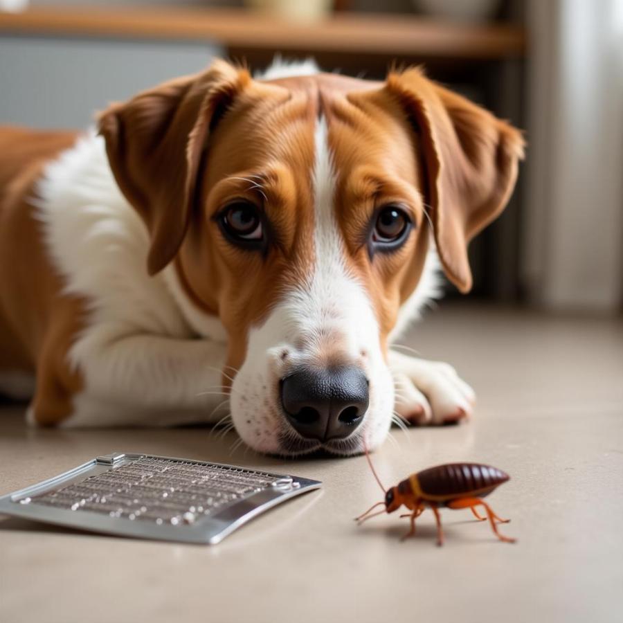 Dog looking curiously at a roach trap