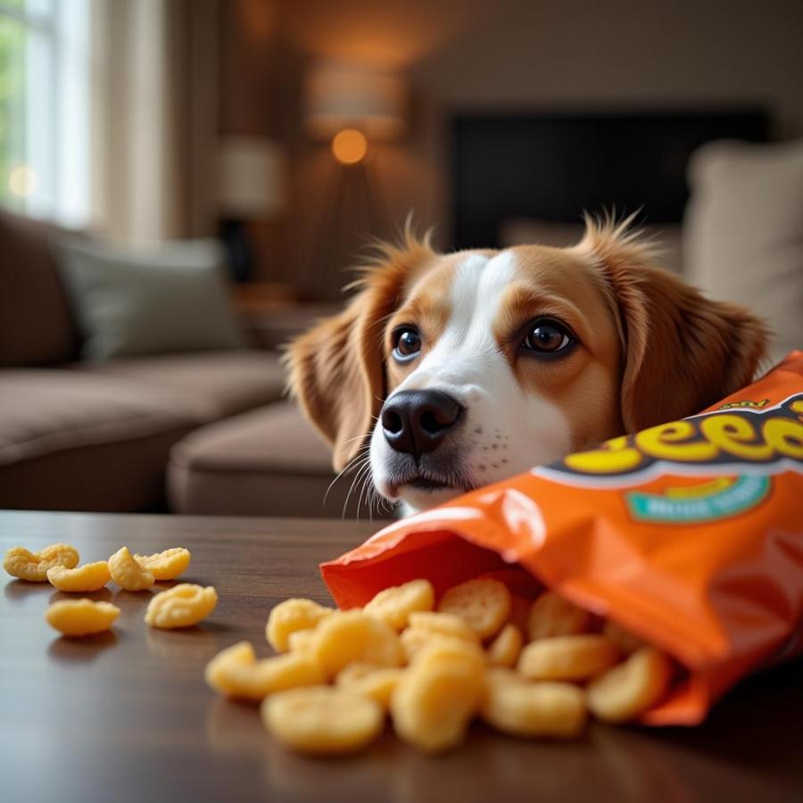 Dog looking longingly at a bag of Cheetos