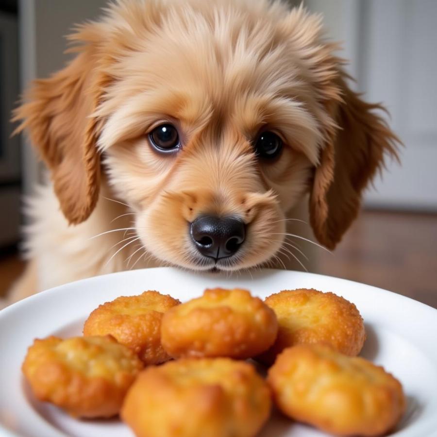 Dog looking longingly at chicken nuggets