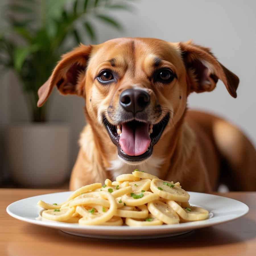 A dog looking longingly at a plate of food