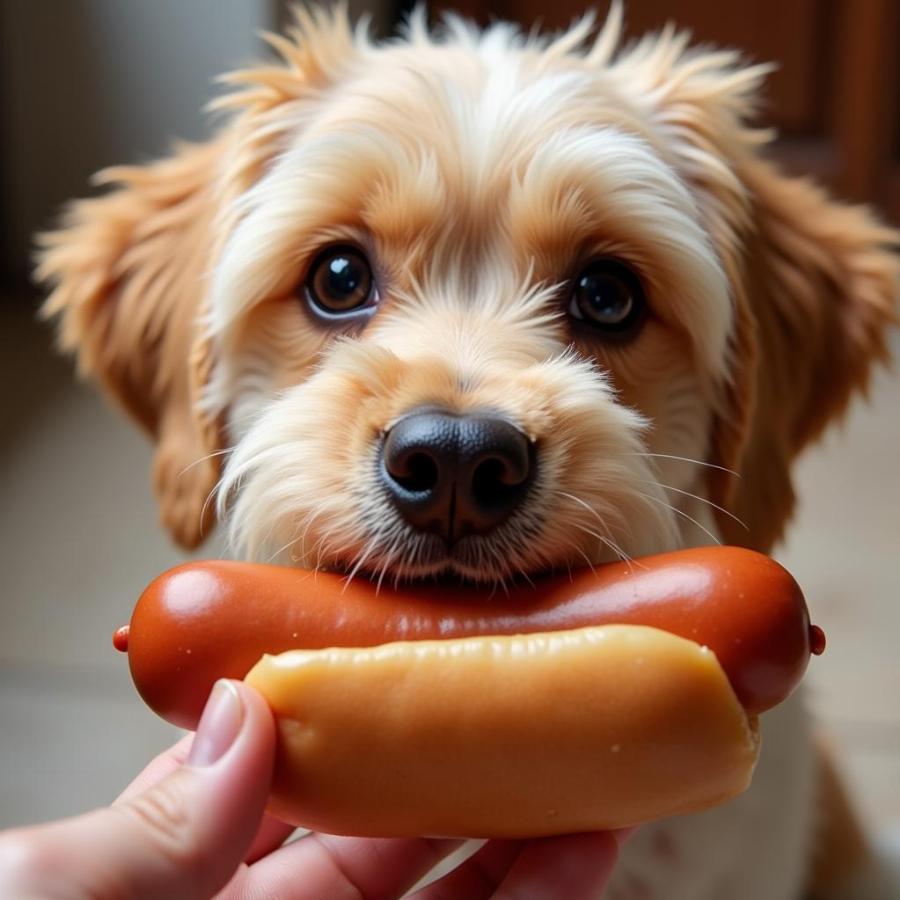 Dog looking longingly at a hot dog