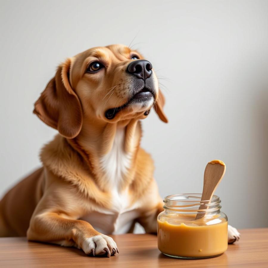 Dog Looking Longingly at a Peanut Butter Jar