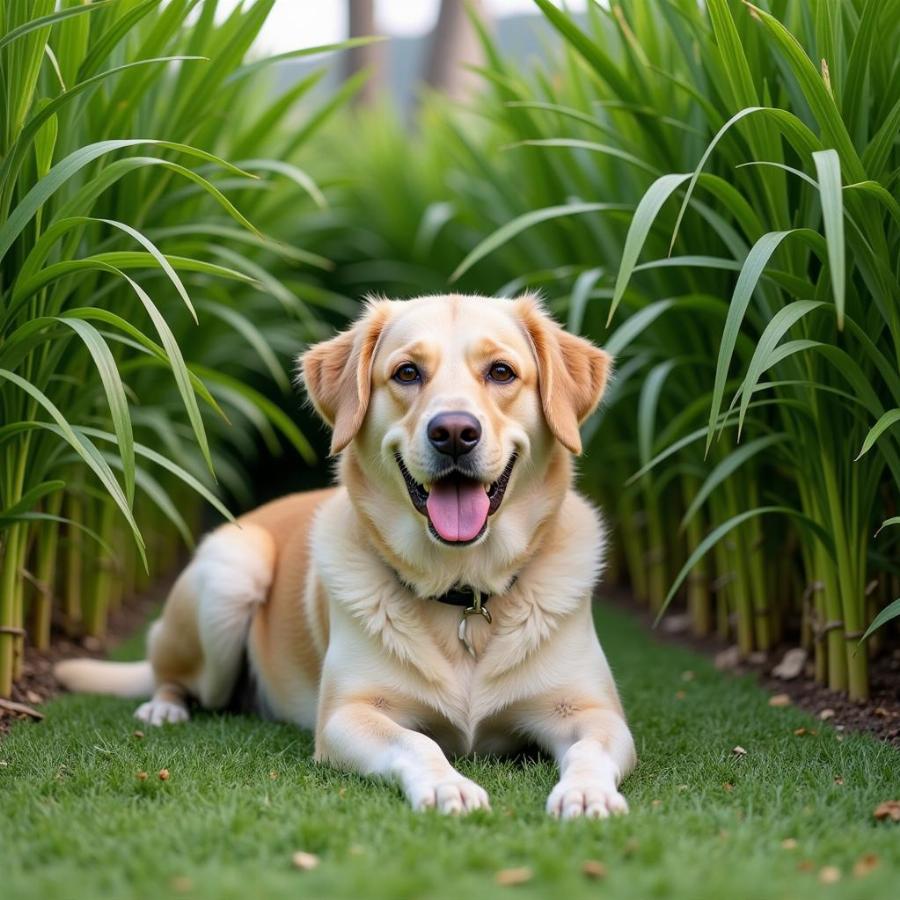 Dog Relaxing in a Lemongrass Garden