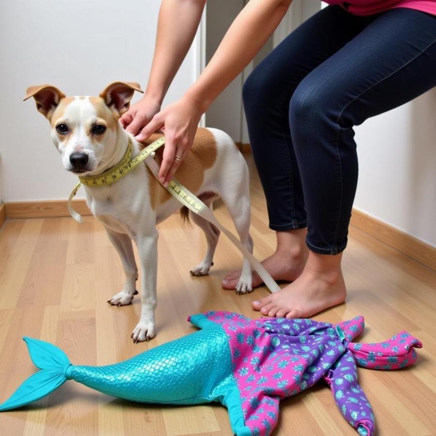 A dog being fitted for a mermaid costume