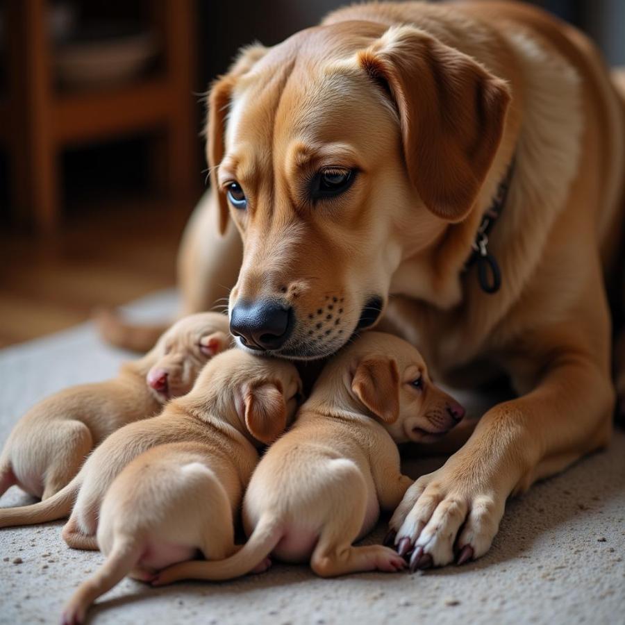 Mother Dog Nursing Newborn Puppies