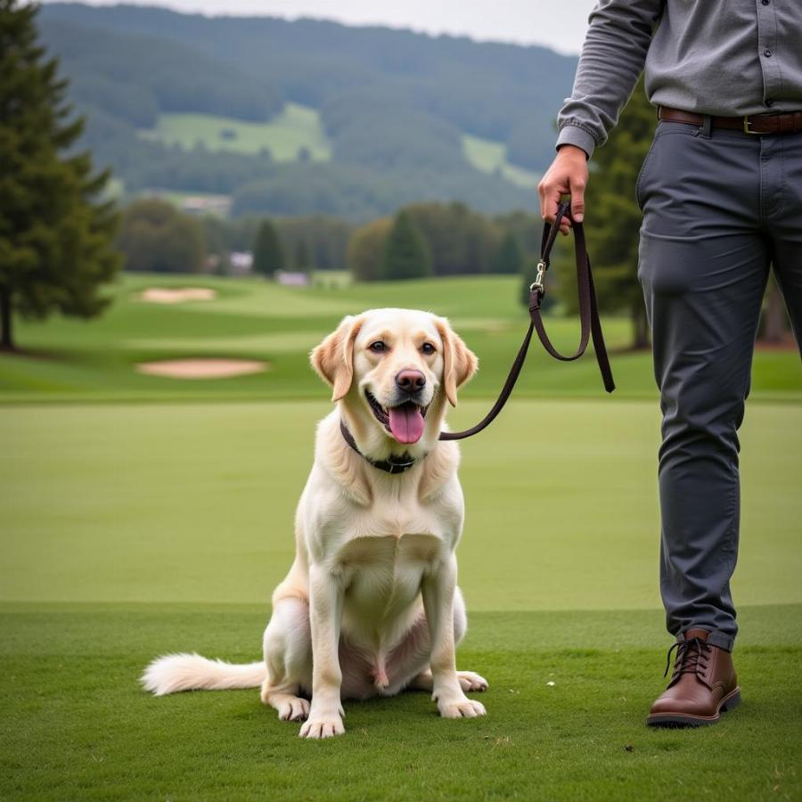 Dog on Leash at a Golf Course