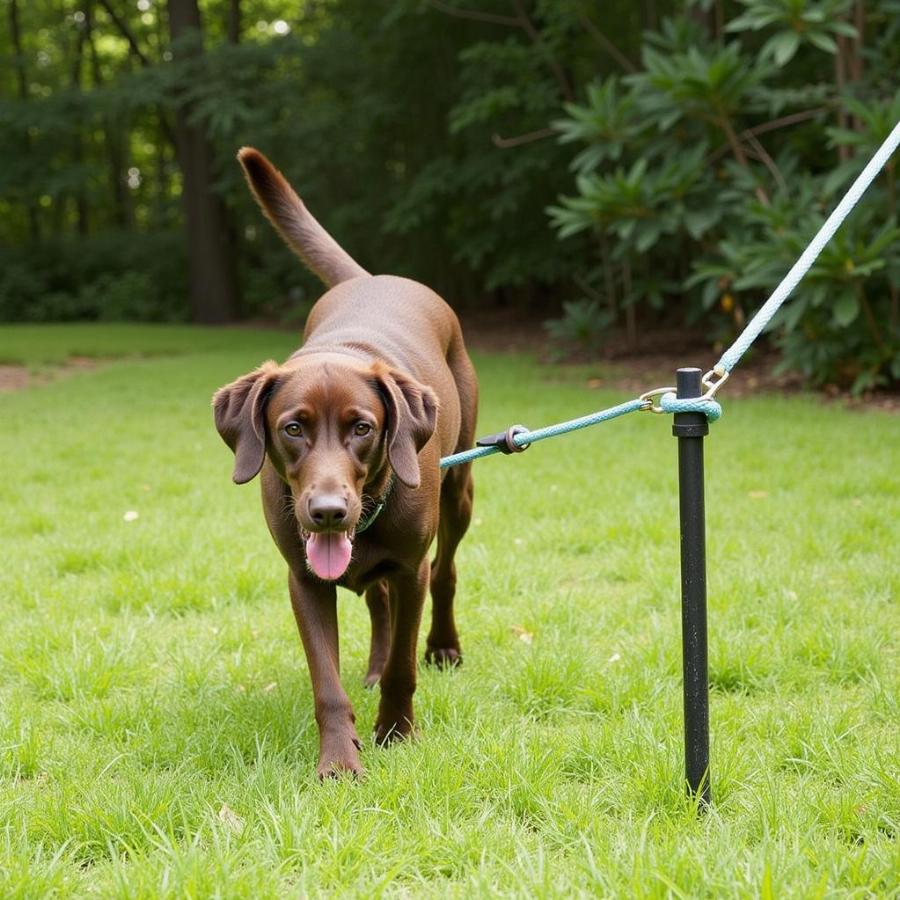 Dog Enjoying a Tie Out in the Yard