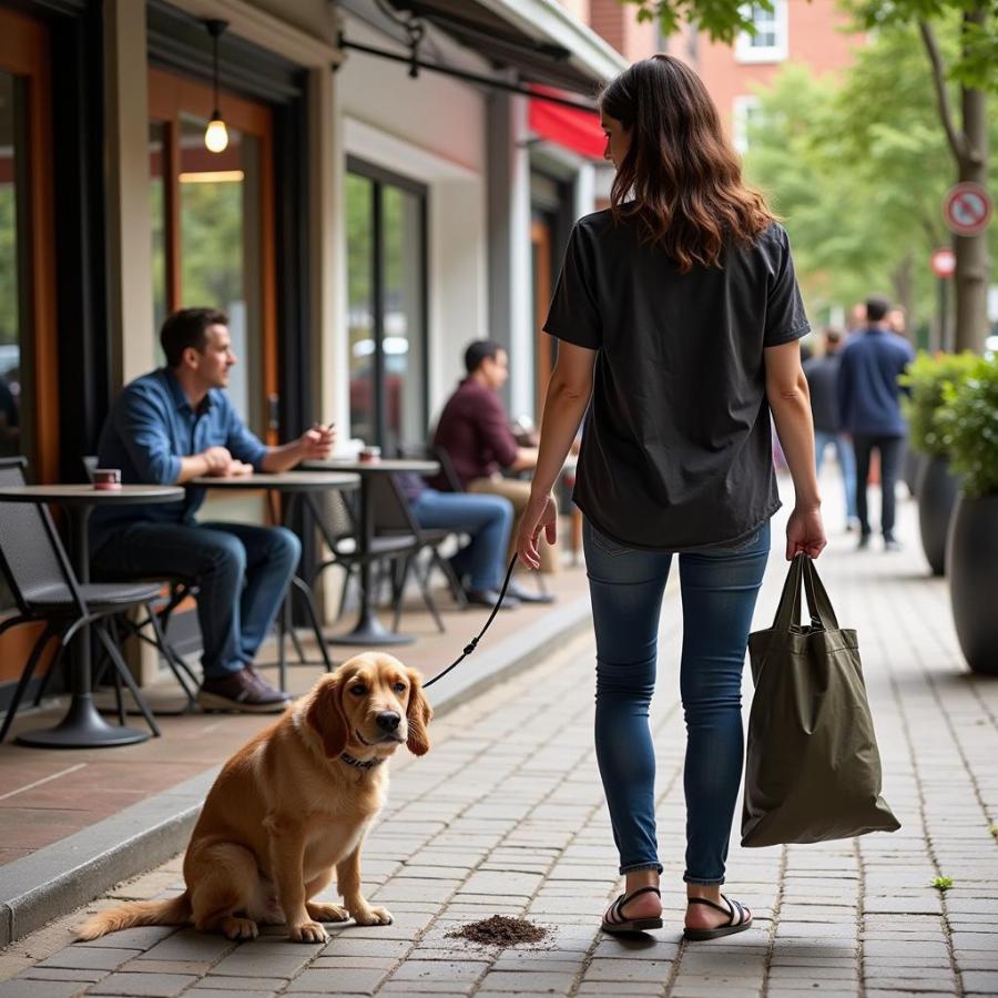 Dog owner cleaning up after their dog in a cafe patio.