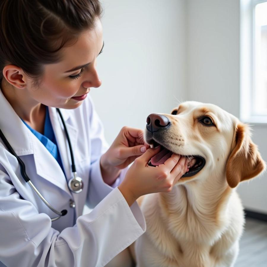 Veterinarian examining a dog with pale gums