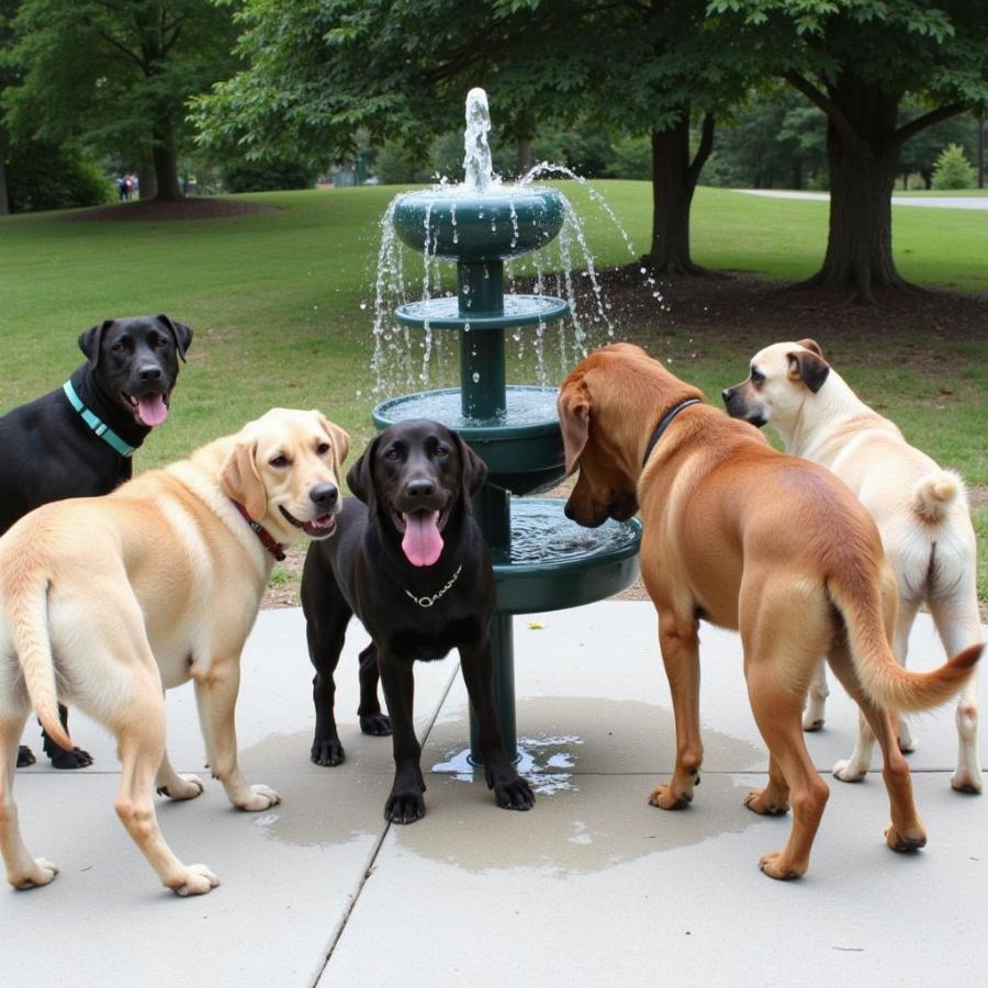 Dogs Drinking from a Water Fountain at a Dog Park